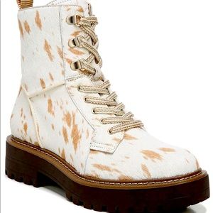 Sam Edelman Natural Ivory Chelsea Genuine Leather Calf Hair Lace Up Combat Boots